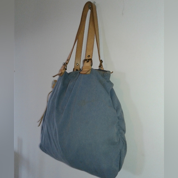 miu miu shoulder bag flower motif blue denim canvas tan leather tote hand-bag - Picture 9 of 11